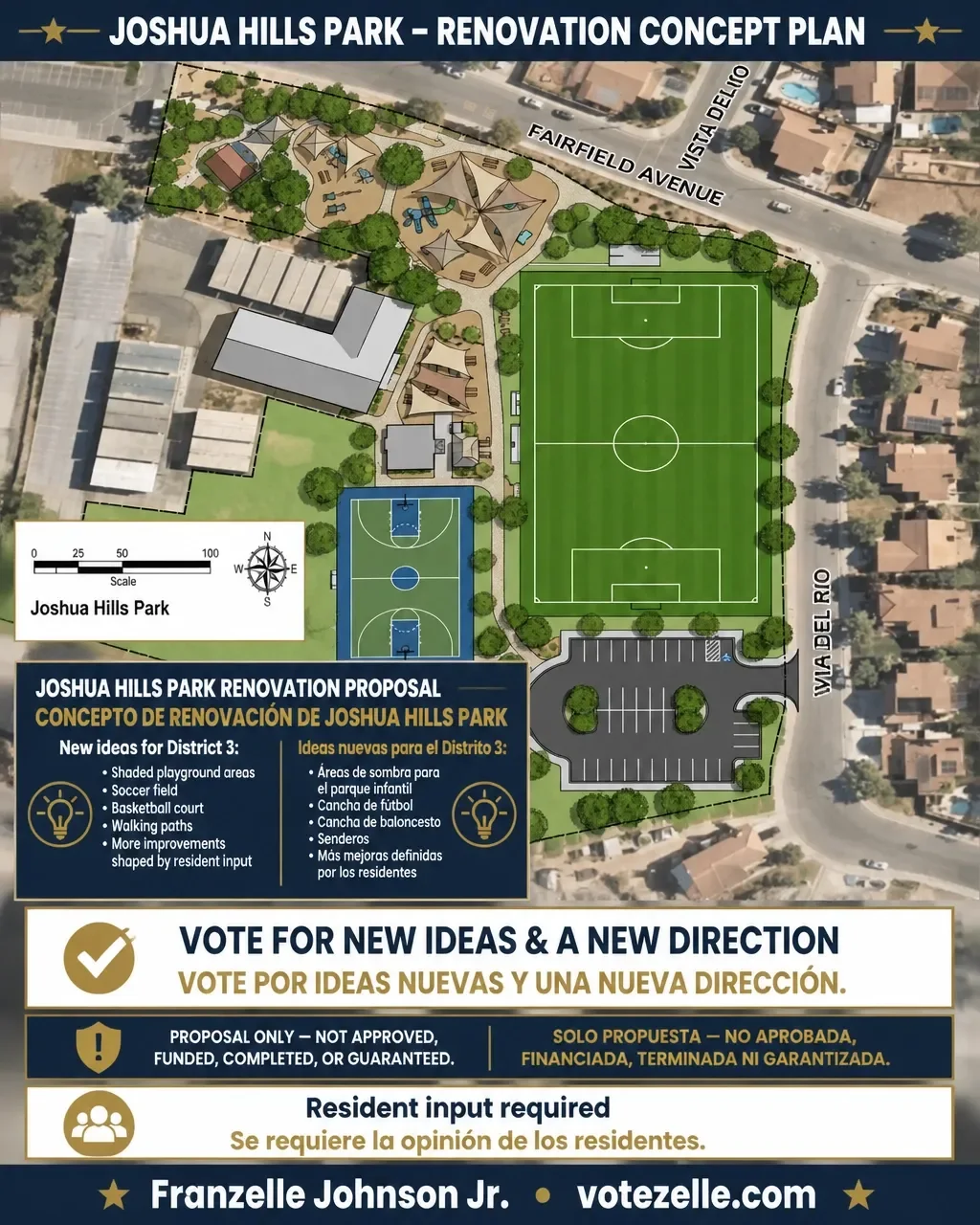 Joshua Hills Park renovation concept plan for District 3 showing proposed playground areas, soccer field, basketball court, walking paths, and improvements shaped by resident input