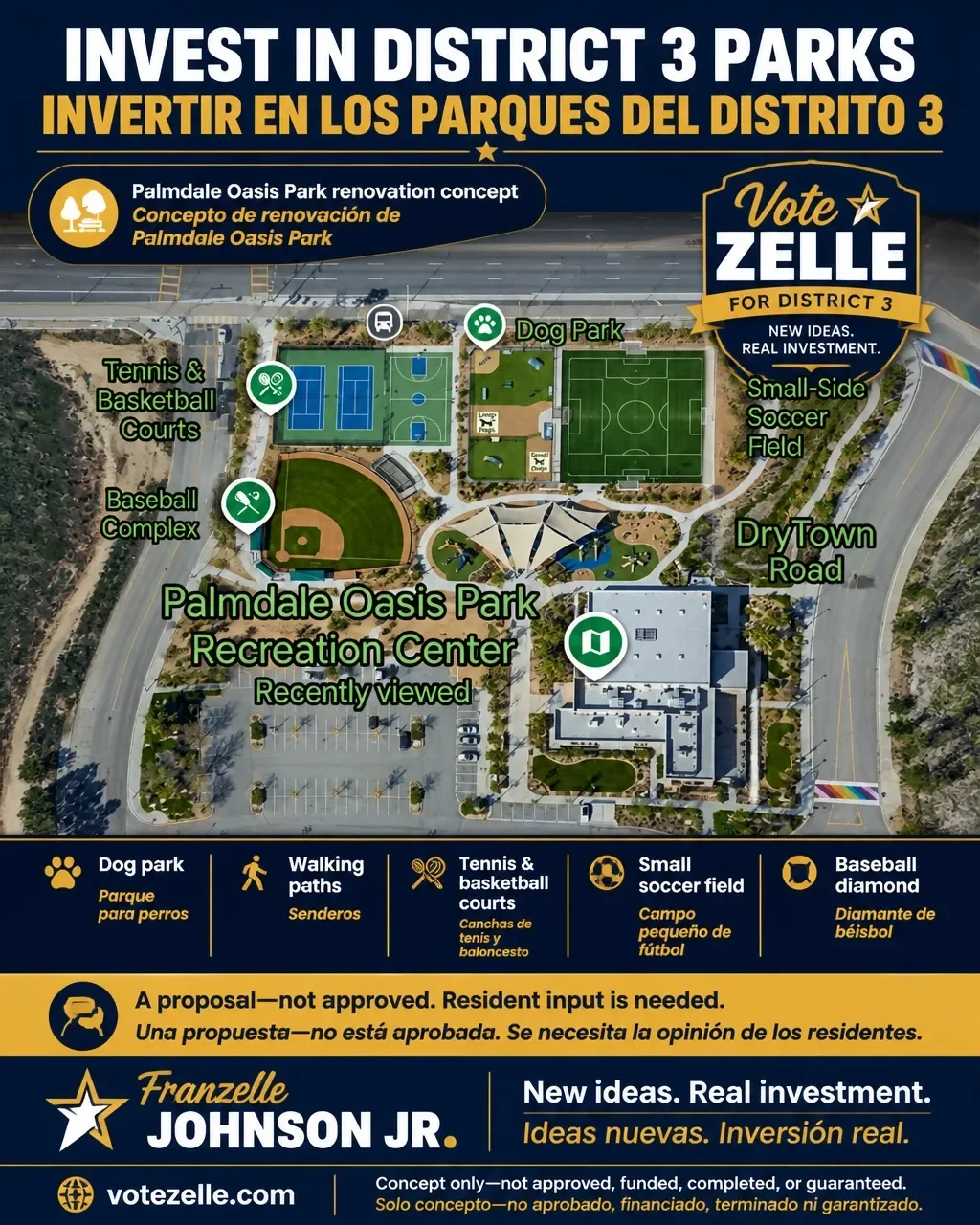 Bilingual Palmdale Oasis Park renovation concept showing proposed dog park, walking paths, tennis and basketball courts, small-sided soccer field, and baseball diamond