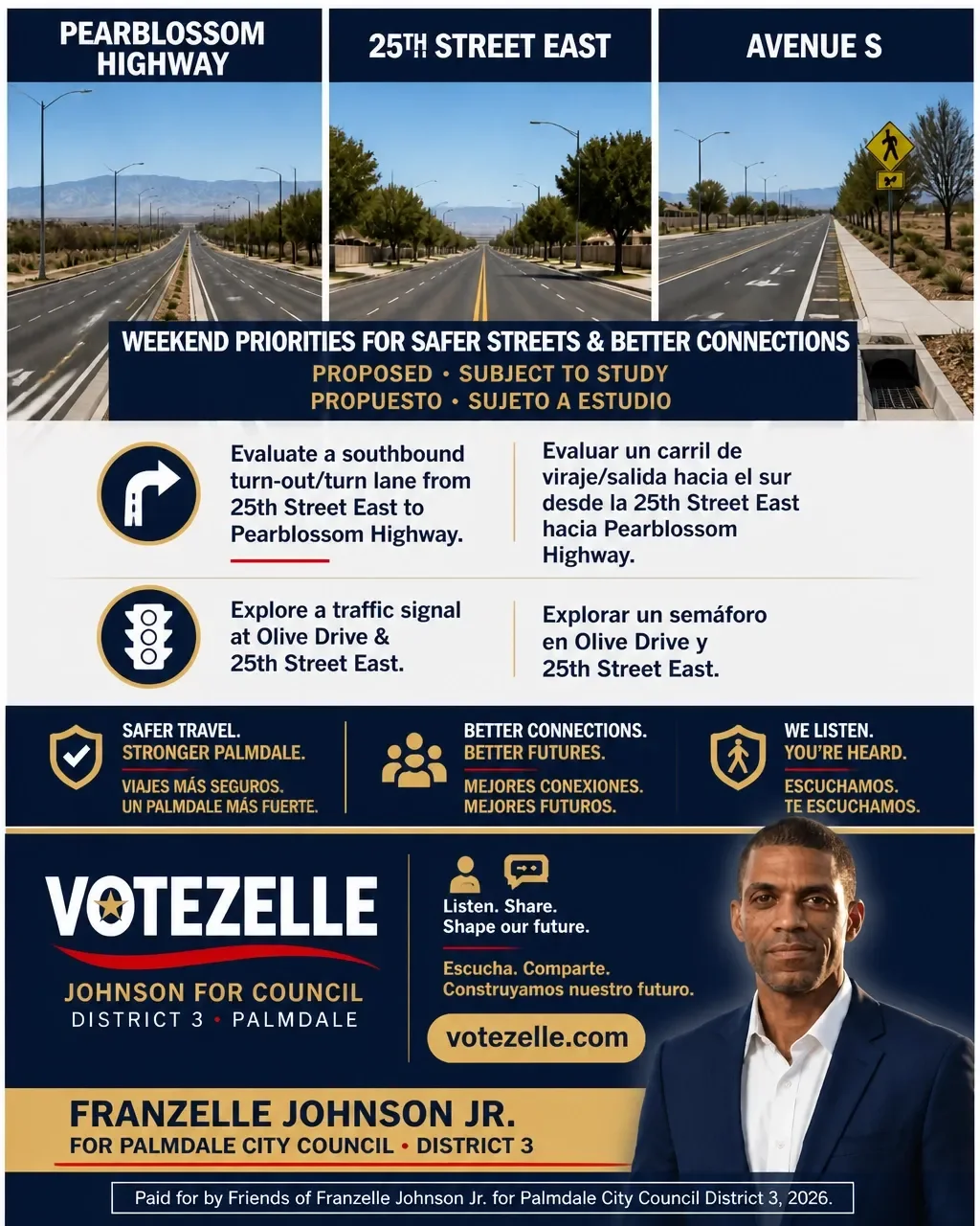 Bilingual District 3 safer-streets and better-connections proposal covering Pearblossom Highway, 25th Street East, Avenue S, and Olive Drive; proposed and subject to study