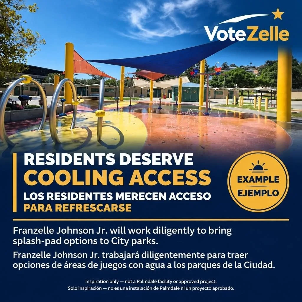 Inspiration example showing splash-pad options for City parks in English and Spanish, labeled EXAMPLE / EJEMPLO; not a Palmdale facility or approved project