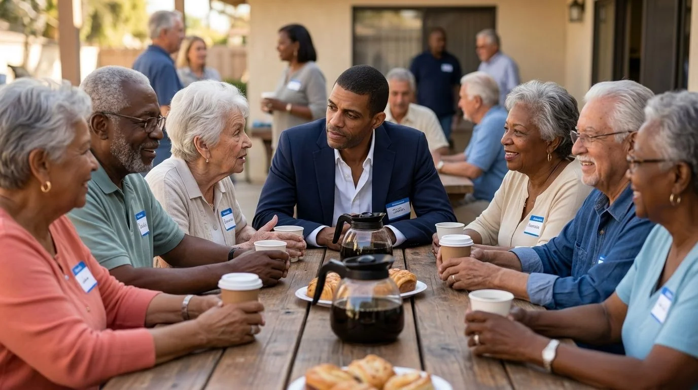 Franzelle Johnson talking with older residents over coffee